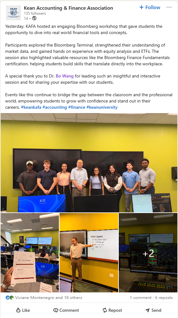 KAFA LinkedIn post thanking Dr. Bo Wang for the Bloomberg Crash Course